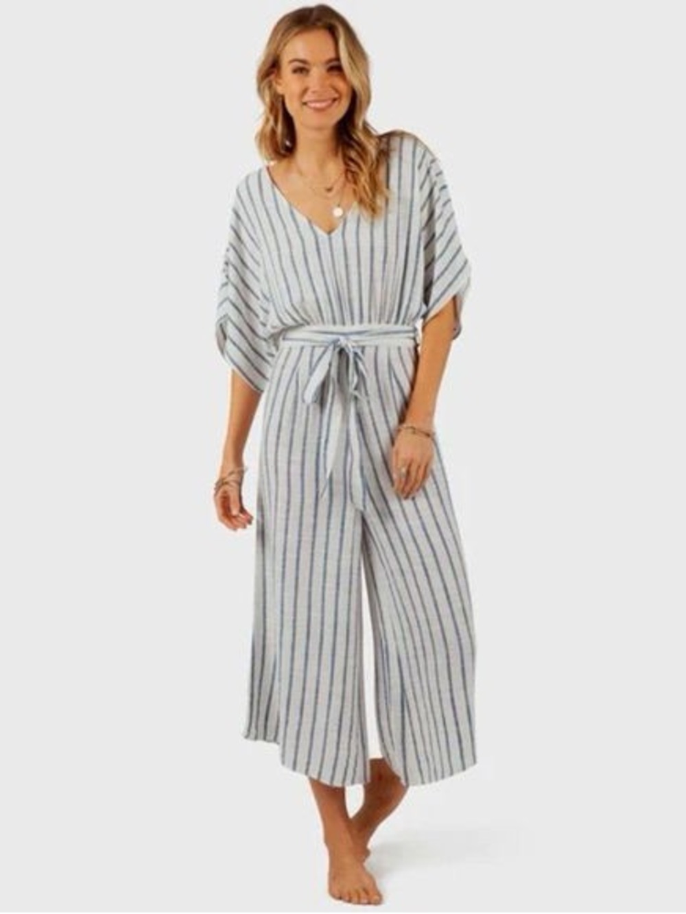 Rip Curl Striped V-Neck Wide-Leg Jumpsuit in White and Blue